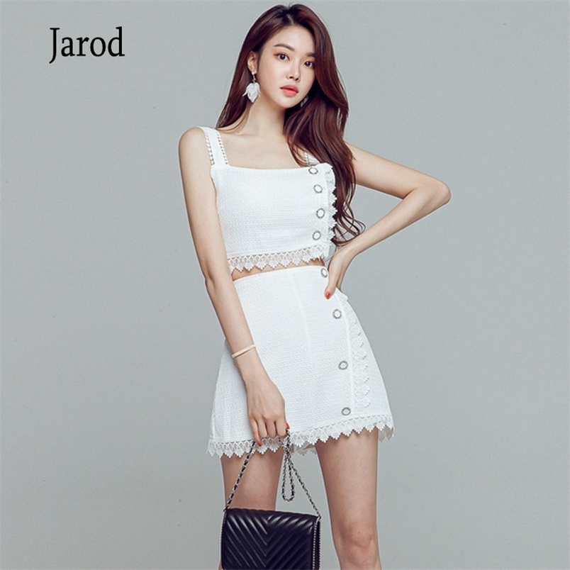 Summer Arrival Fashion 2 Piece Set Women Lace patchwork Sling Vest crop top + Bodycon Mini Skirt 210519