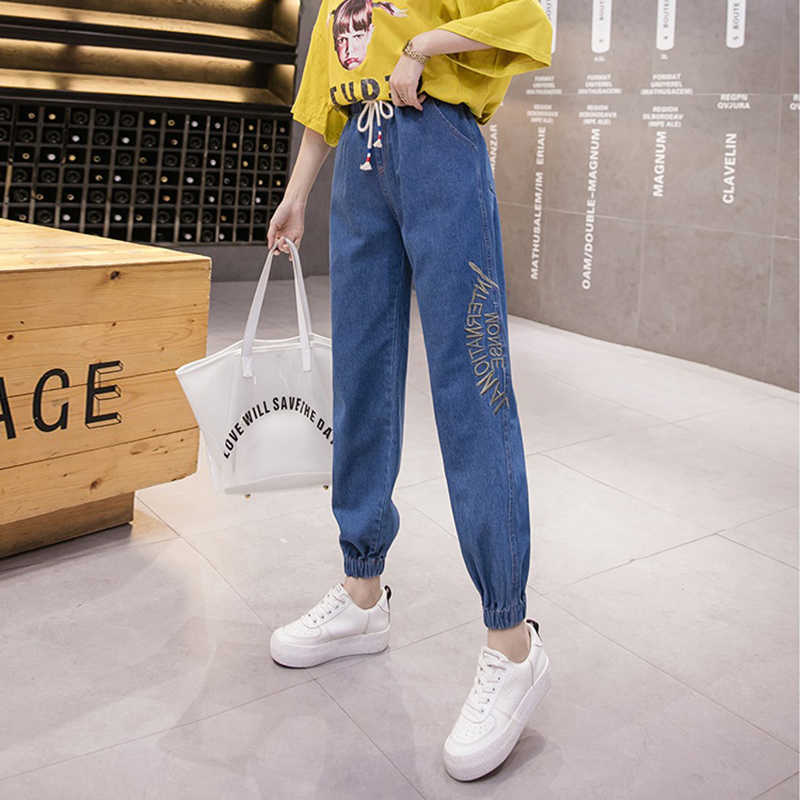 Letter Embroidery Elastic High Waist Denim Ankle Banded Pant Casual Harem Large Size Fashion Trousers 210809