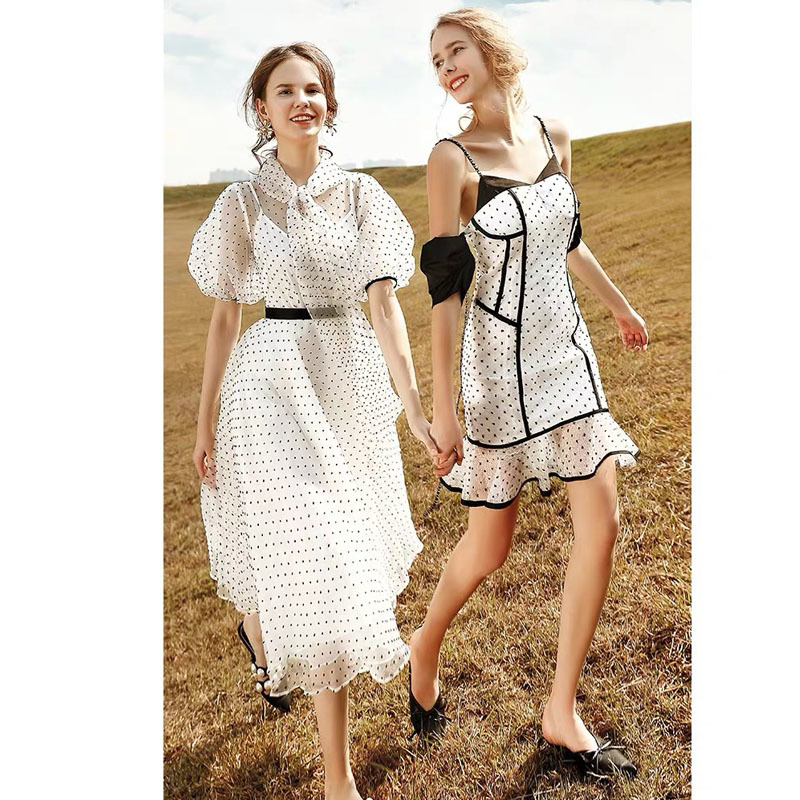 Vintage Elegant Puff Short Sleeve Dot Print Bow Knee Length Party Dress Women Lady Office Work Casual Vestidos 210421