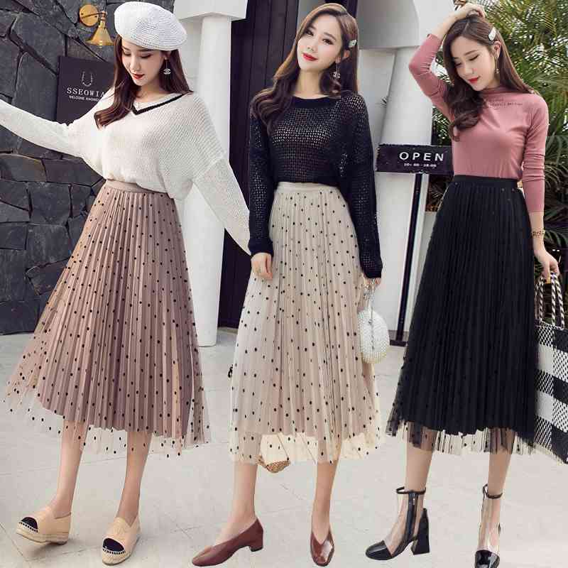 Velvet Lining Tulle Skirts Women Spring Polka Dot Female High Waist Pleated Midi Long Can Wear Two Sides 210514