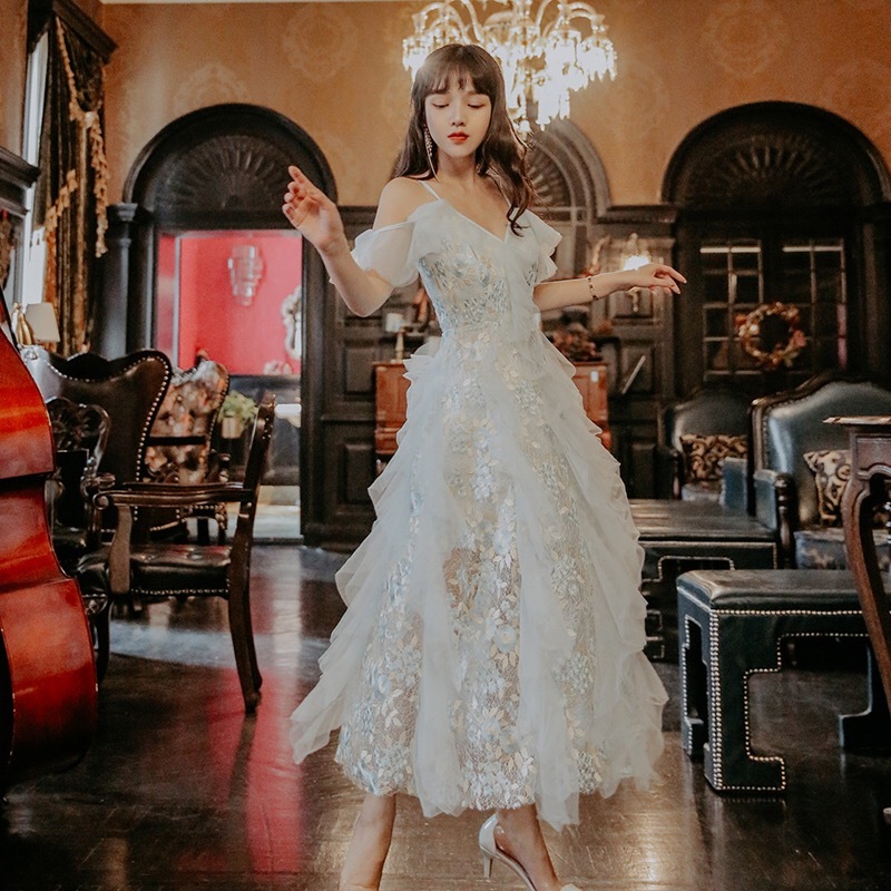 high quality embroidery spaghetti strap elegant vestidos sleeveless ruffles party evening Long dresses lady midi dress 210421