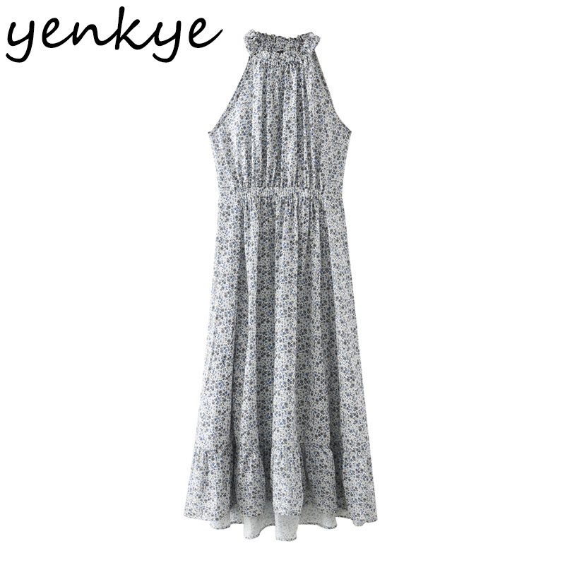 Vintage Floral Print Halter Dress Women Sleeveless Elastic Waist Casual Summer Long Maxi Female Holiday Vestido 210430