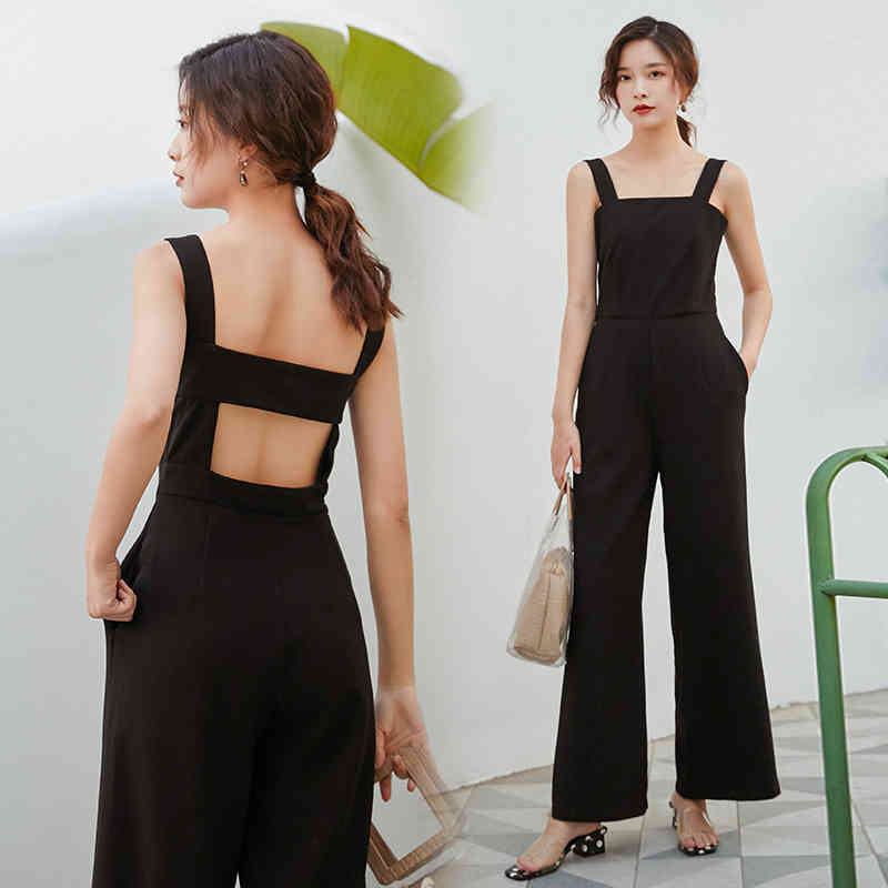Sexy Backless Jumpsuits Women Sleeveless Spaghetti Strap Pocket Black Playsuit Female Long Pants Plus Size OL Fashion Ropa Mujer 210506