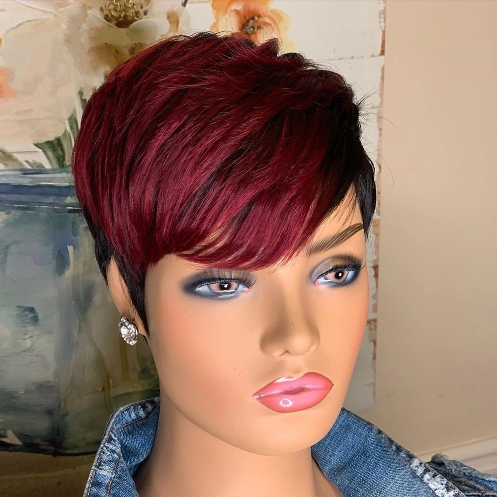 Red Burgundy 99J Ombre Color Short Wavy Bob Pixie Cut Wig Full Machine Made Non Lace Human Hair Wigs With Bangs For Black Women