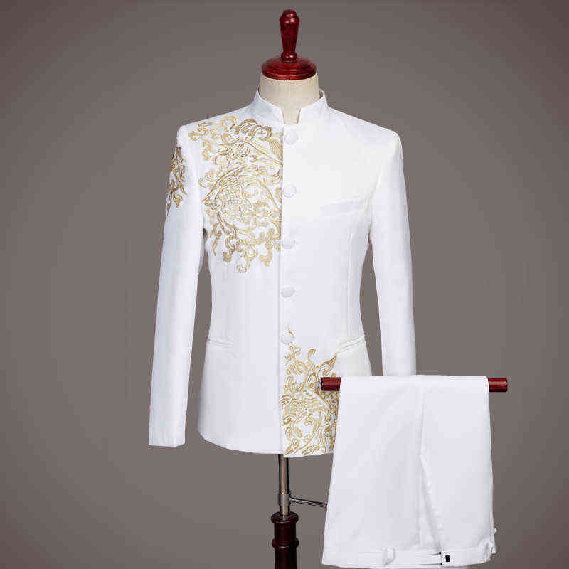 Black White Men's Suits Chinese style Gold Embroidery Blazers Prom Host Stage Outfit Male Singer Teams Chorus Wedding DS Costume 211120