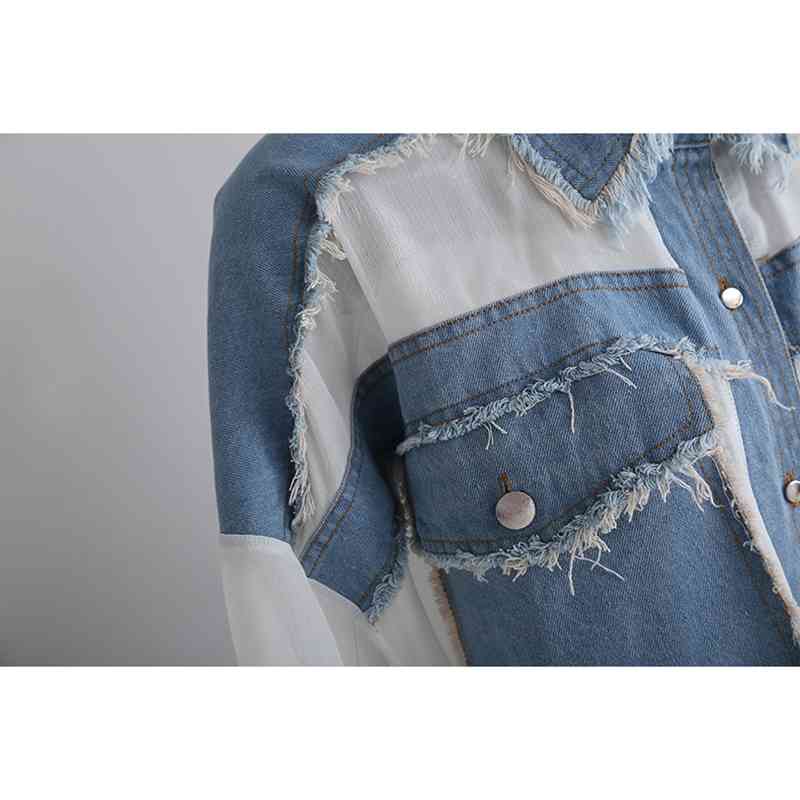 [EAM] Women Denim Burr Big Size Perspective Blouse Lapel Short Sleeve Loose Fit Shirt Fashion Spring Summer 1DD6099 210512