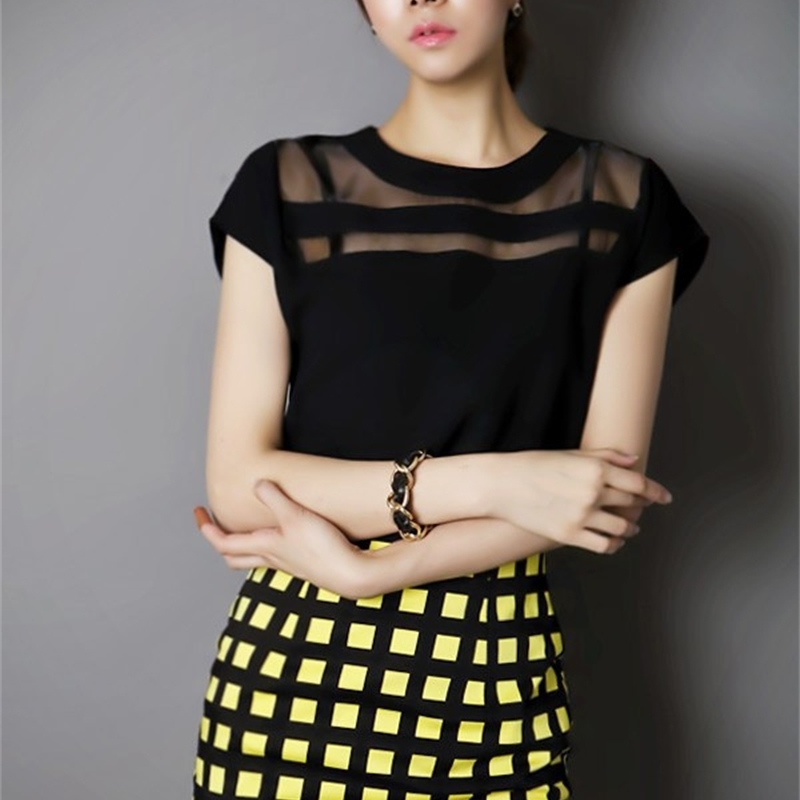 Ladies Black Tulle Sheer Blouses Shirts Women's Tops Chiffon Blouse Short Hollow Out Blusas Femininas Summer 210607