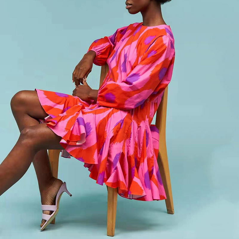 VGH Print Dress For Women O Neck Long Lantern Long Sleeve Patchwork Bandage High Waist A Line Casual Dress Female Clothing 210421