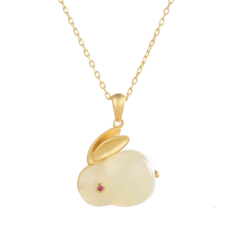 S925 Silver Plated Hetian Jade Pendant Lovely Temperament Rabbit Children's Earrings Bracelet Ring Necklace Set