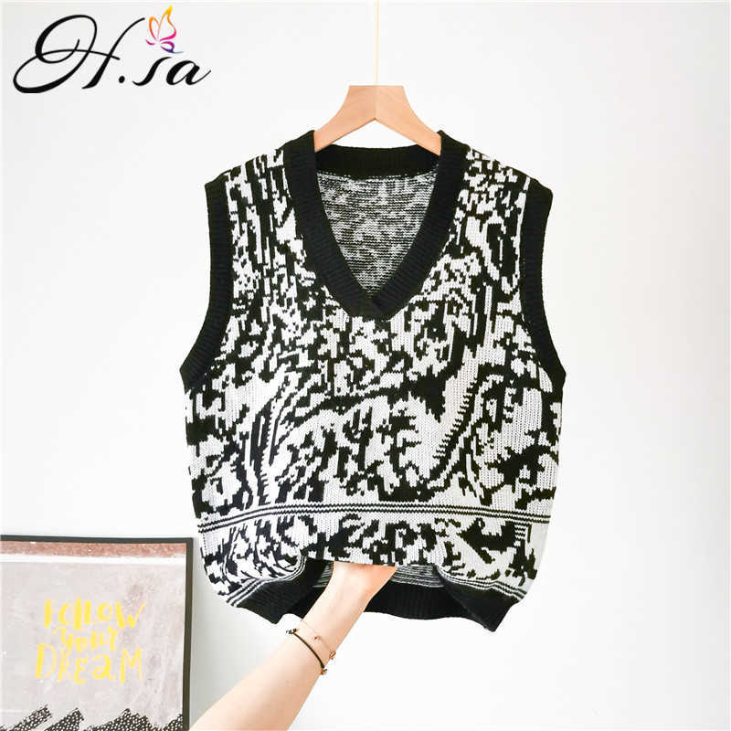 H.SA Autumn Knitted Sweater Women Loose Thicken Leaf Sweaters Sleeveless Warm Winter Vintage Vneck Sweater Pullovers 210716