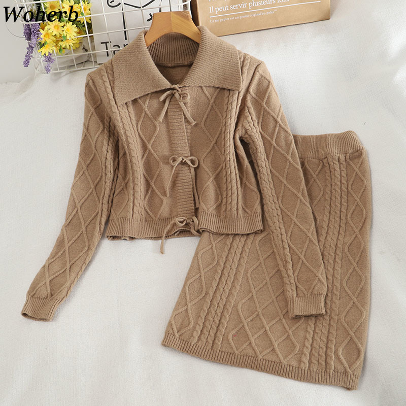 Vintage Korean Fashion Suit Two Piece Outfits for Women Knitted Sweater Coat Bodycon Skirt Femme Roupas 2 Set 4G277 210422