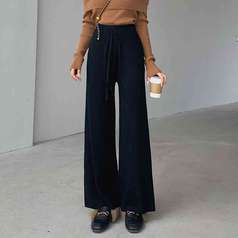 OL Elastic High Waist Wide Leg Knitted Pants Women Fashion Autumn Winter Bottoms Thick Warm Casual Loose Trousers 210421