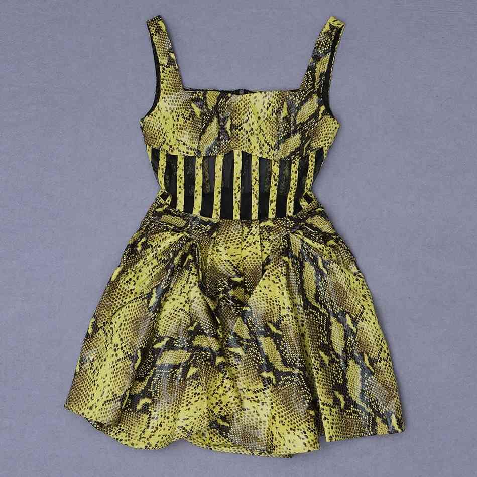 Summer Women'S Sleeveless Snake Print Green Pleated Tight Dress Sexy Hollow Lace Star Club Party 210525