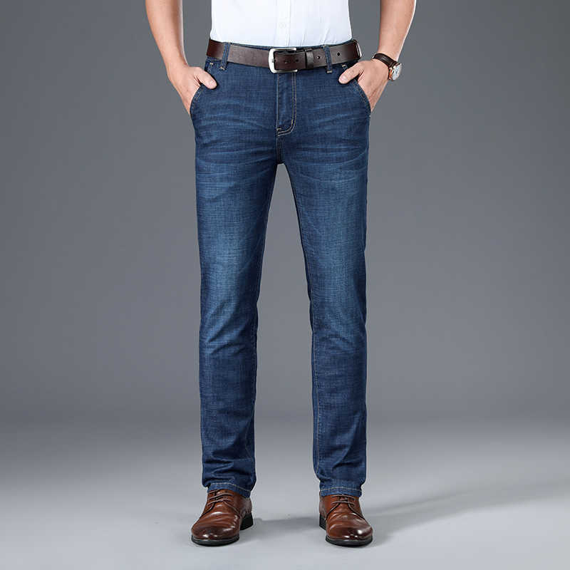 HENCHIRY Men's Business Casual Elastic Jeans Loose Fashion Breathable Non Pilling Ankle-Length Pants Show Thin Straight Pants X0621