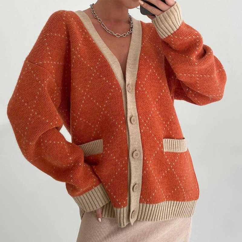 Oversized Argyle Knitted Cardigan Women Sweater Y2K Patchwork Plaid Loose V-Neck Sweaters Female Autumn Vintage Lady Top 211012