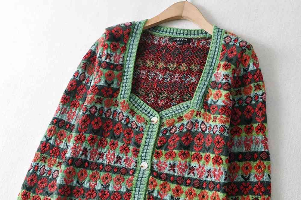 Vintage flower Jacquard Cardigan sweater women Cropped winter Knitted Crop Sweater Korean 210521