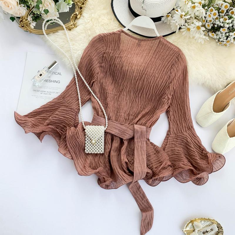 Gagaok Women Office Lady Chiffon Blouse Spring Autumn Solid VNeck Flare Sleeve Sashes Slim Chic Wild Female Fashion Shirts 210401
