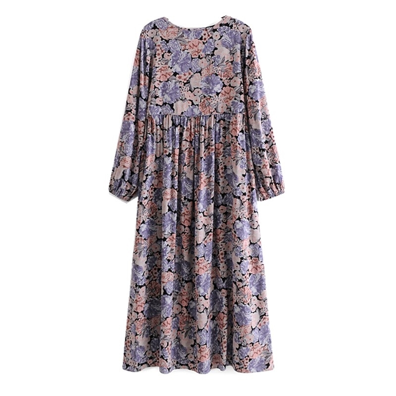 BOHO Lacing up V neck Purple Floral Print Maxi Long Cotton Dress Ethnic Woman Bandage Sleeve Dresses Holiday Vestido 210429