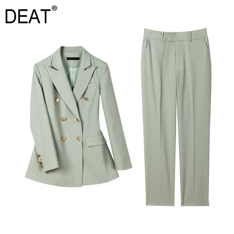 DEAT summer and autumn fashion women clothes notched collar double breasted high waist and full length pants WP85402L 210428