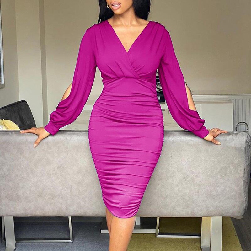 Casual Dresses Autumn Slim Sexy Pleated Bodycon Midi Dress Puff Sleeve V-Neck Solid Color Long Office Vintage Fashion 2021, Yellow 
Casual Dresses Autumn Slim Sexy Pleated Bodycon Midi Dress Puff Sleeve V-Neck Solid Color Long Office Vintage Fashion 2021, Yellow