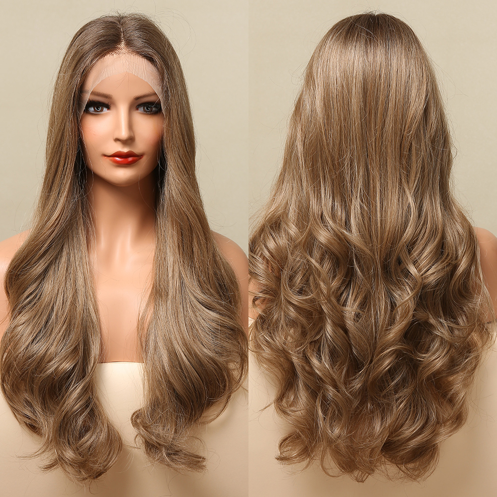 Long Wave Lace Front Wig for Women Brown to Blonde Ombre Synthetic Wigs with Baby Hair High Density Wig Heat Resistantfactory direct