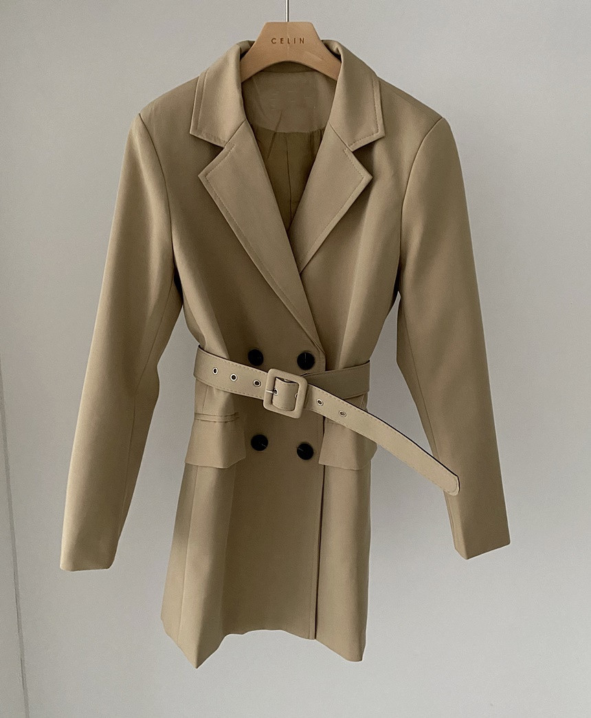 Elegant Chic Autumn Notched Collar Blazers Coat Women Office Ladies Double-breasted Khaki Long Sleeve With Belt 210506