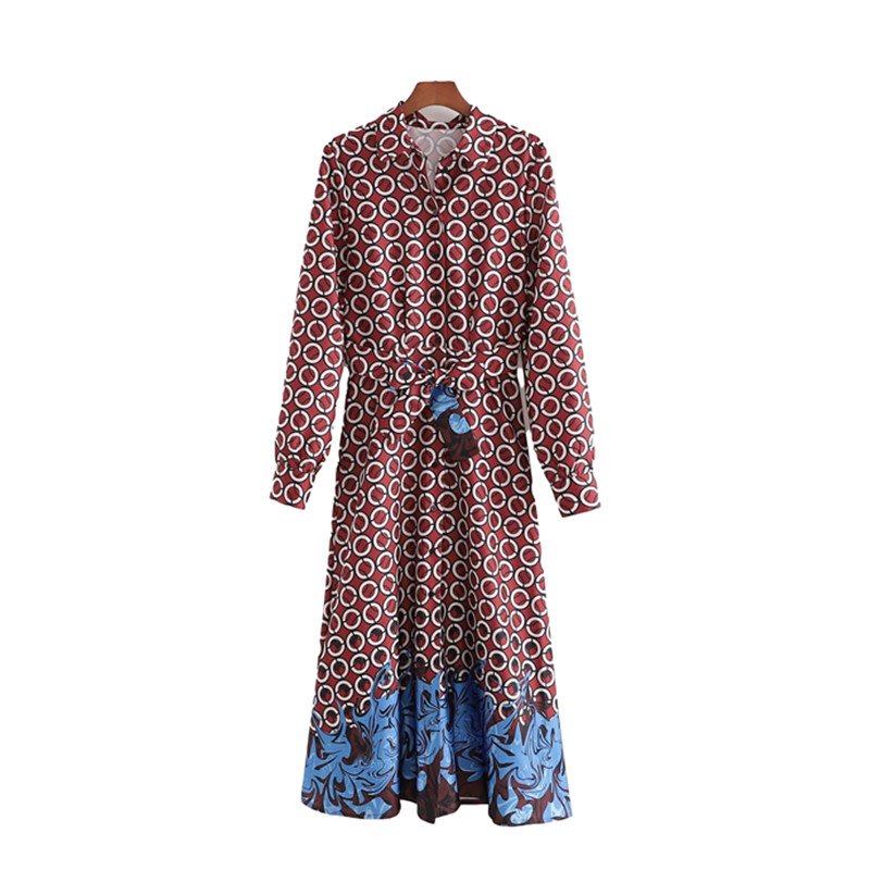 Vinatge Woman Printed Sashes Patchwork Shirt Dresses Spring Elegant Laides Party Long Female Chic Soft Dress 210515