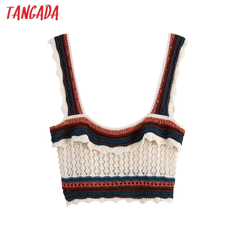 Women Fashion Color Match Crochet Short Camis Ladies Vintage Knitted Female Summer Chic Crop Tops BE230 210416