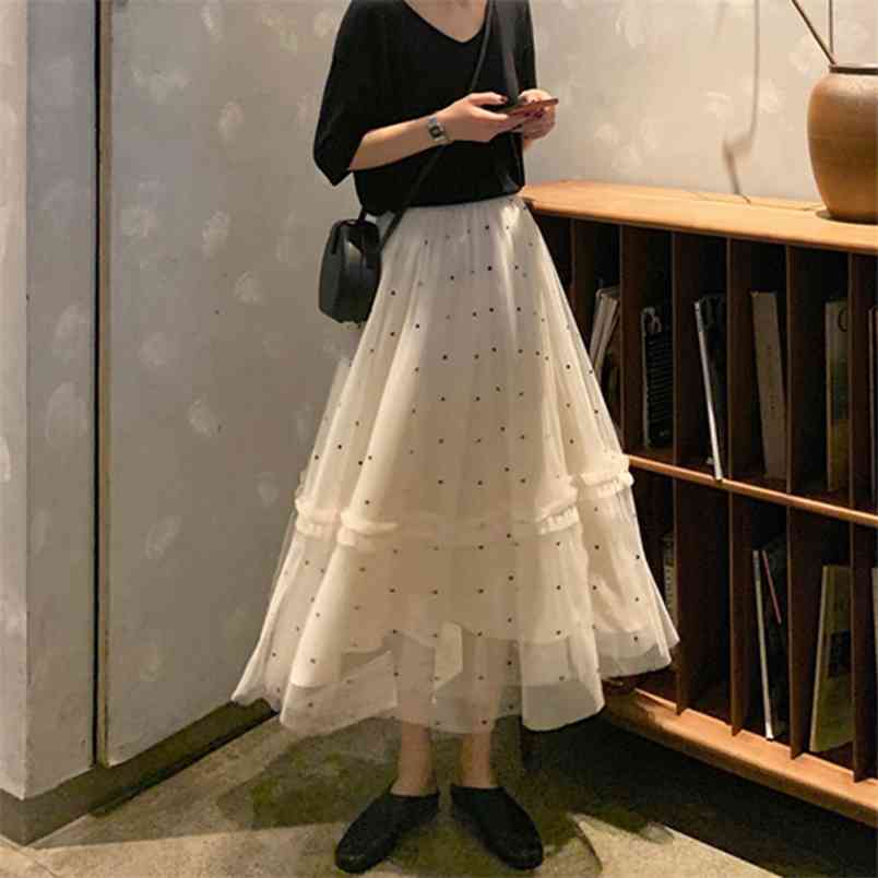 Arrival Summer Korea Fashion Women High Waist Slim Long Skirt Dot Mesh Sweet A-line s Female White S301 210512