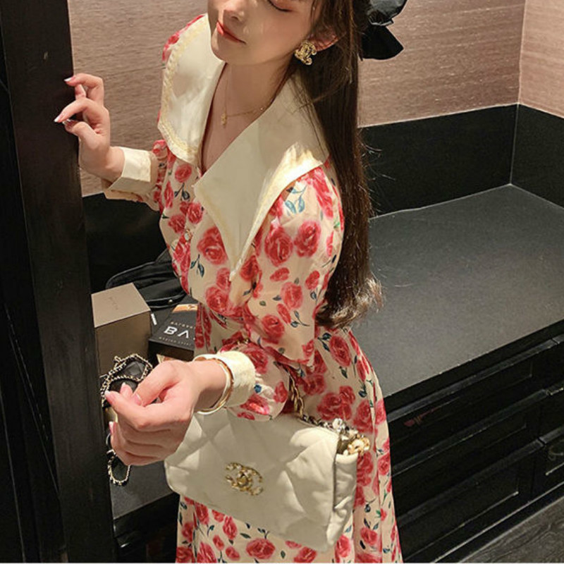 Elegant Floral Dress Women Long Sleeve Flower Vintage Dress Female Peter Pan Collar Slim Dress Korean Spring Chic 210521