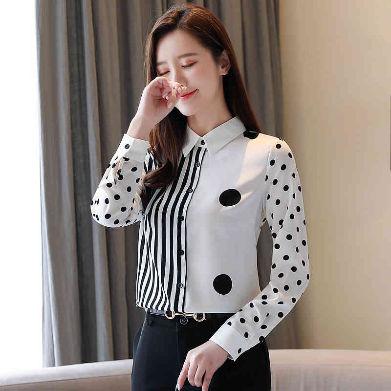 Chiffon Spring Fashion Ladies Tops Women Shirts Blouses Long Sleeve Wave Point Stripes Splice Cardigan Clothing 210510