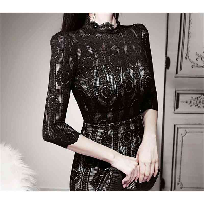 Women Elegant Lace Dress Black Pencil Spring Fitted Korea Sheath Club Party Vestidos 210519