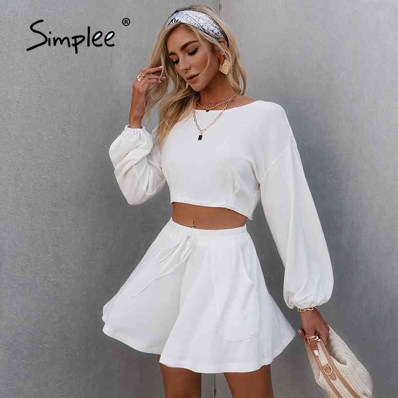 White long sleeves two piece woman short suits Elastic waist lace up summer suit Pockets causal loose sets fashion 210707
