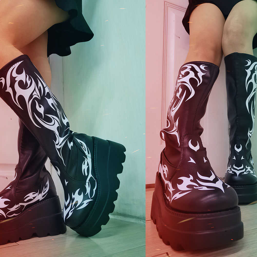 DORATASIA Large Size 43 Women Platform Black Punk Chunky Shoes Casual Boots Women Wedges Punk Goth Zipper Mid Calf Boots Y0910
