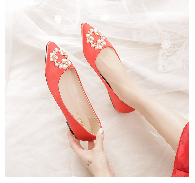 Champagne Satin Pointed Flat Women Shoes Pearls Circle Buckle Diamond Sexy Wedding Bridal Bradesmaid Prom for Lady Shoes