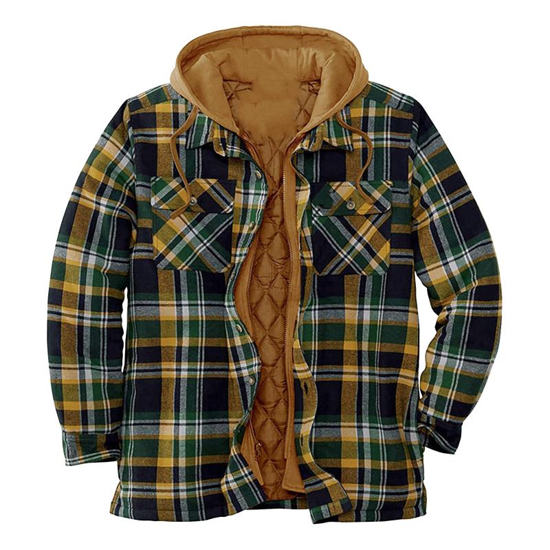 Men's Jackets European American Quilted Lined Button Down Cotton Plaid Autumn Winter Shirt Add Velvet Warm Long-sleeved Jacket With Hood