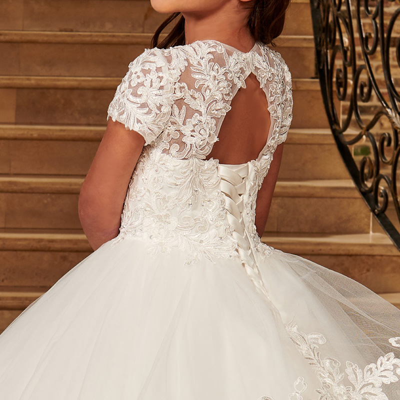 Lovely Flower Girls Dress Ball Gown Crew Short Sleeves Girls' Party Dress Floral Applique with Beads