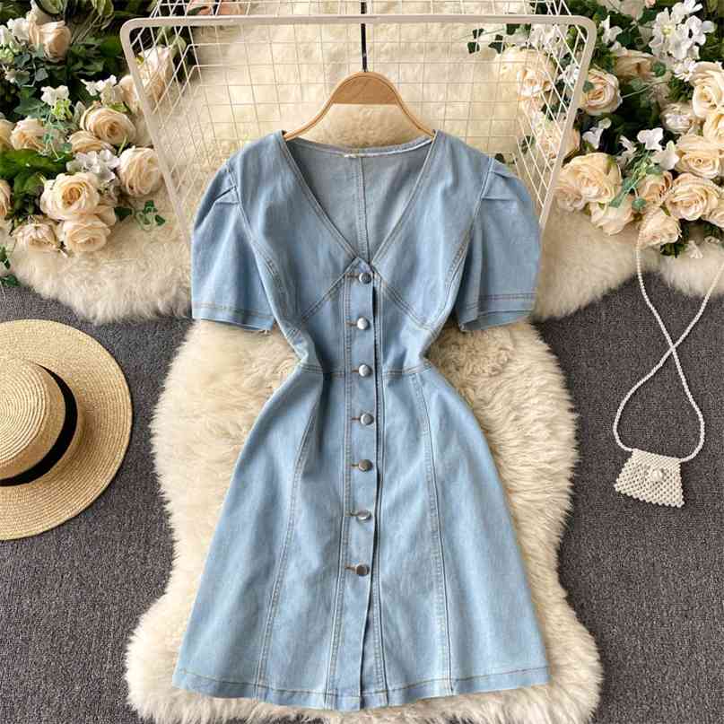 Women Fashion Retro Denim A-line Mini Dress Summer V-neck Button-down Short Sleeve Solid Color Korean Vestidos S045 210527