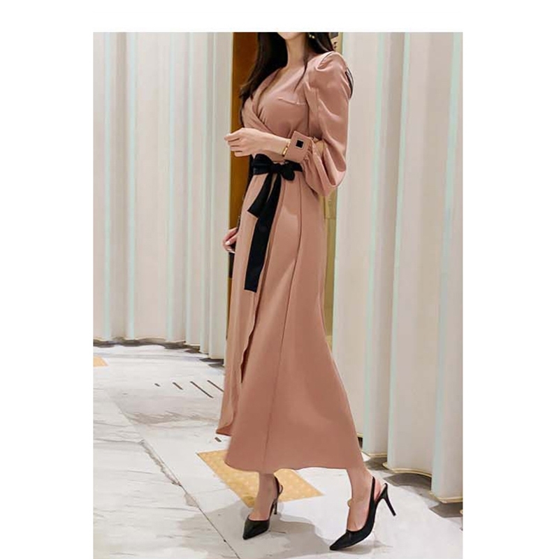 Criss-cross V-neck Bow Lace-up A-line Dress Women Autumn OL Business Dresses Sexy Elegant Ankle-length Vestidos 210519