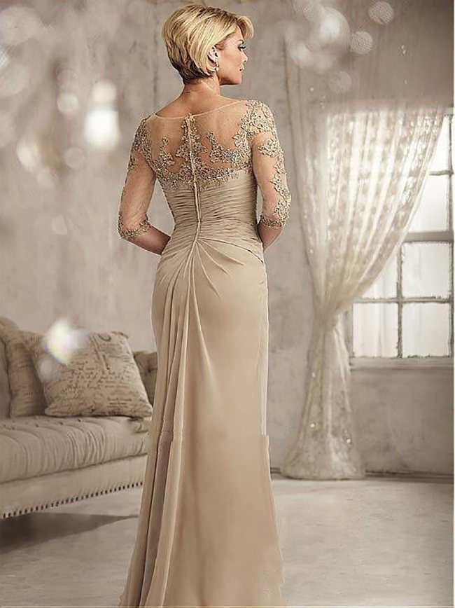 Elegant Champagne Mother of the Bride Dresses V Neck Half Sleeve Mothers Dress Zipper Back Floor Length Wedding Guest Gowns