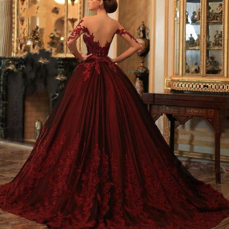 Luxurious Burgundy Evening Dresses Illusion Jewel Neck Long Sleeves A-Line Prom Dress Lace Appliqued Plus Size Formal Robes De Soirée
