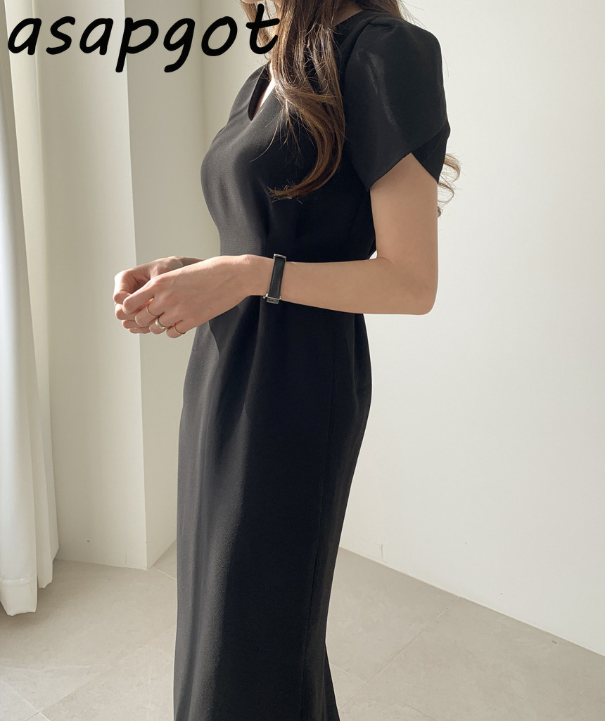 Dresses Elegant Temperament Koeran Chic Office Lady Summer Plus Size Puff Short Sleeve Khaki Dress Slim V Neck Waist Black 210429