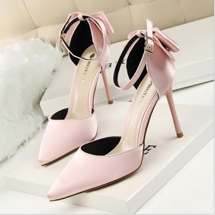 Plus size 34-43 Women Pointed Toe Pumps Dress Shoes High Heels Boat Shoes Wedding Shoes tenis feminino Side with Bow