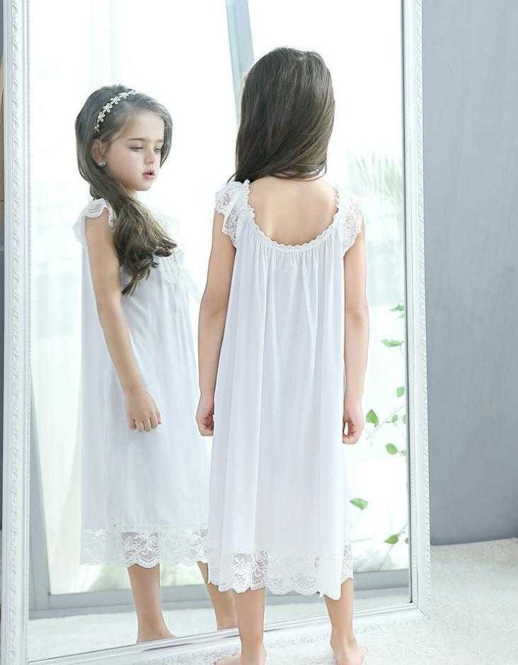 Summer Children's Girls Dress Sleepwear White Lace Cotton Princess Vintage Nightgowns Baby Nightdress Kids Clothes Vestidos 210915