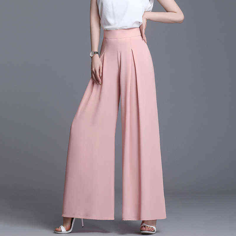 High Waist Chiffon Wide Leg Pants Women Summer Korean Pleated Solid Loose Black Long Trousers 211124