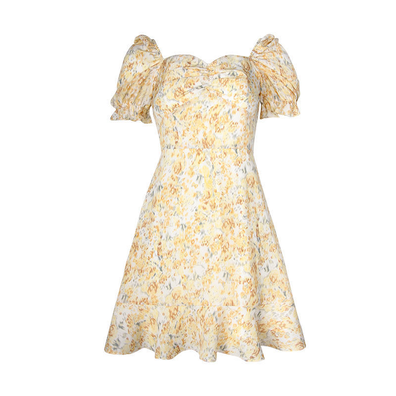 Square Collar Yellow Mini Dress Women Short Sleeve Sweet Floral Printed Dress Beach Elegant Dress Korean Summer 210521
