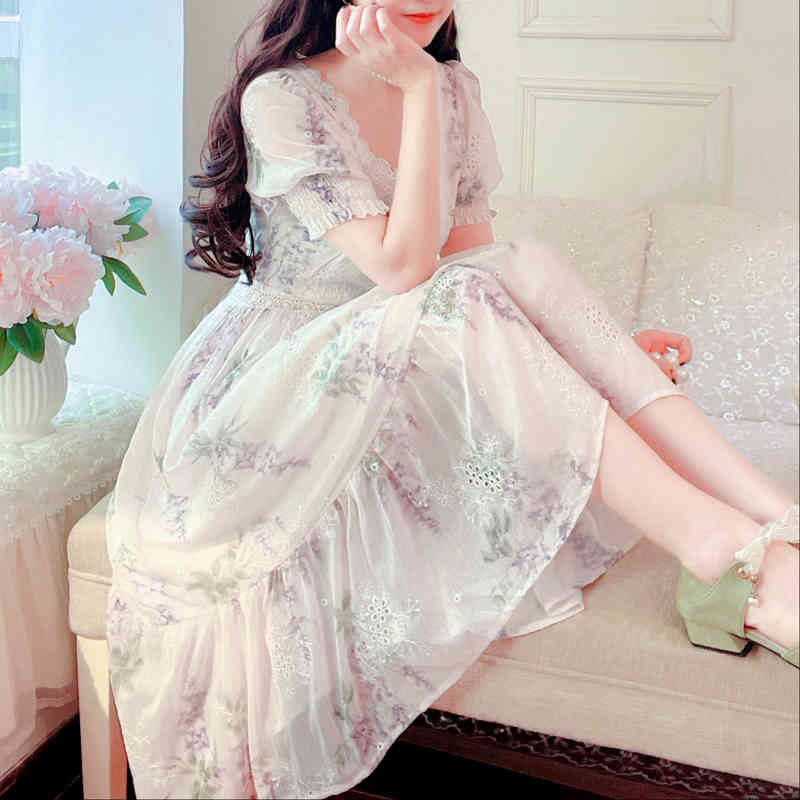 Women Dress Korean Summer Elegant Vintage Casual Floral Lace Splicing High Waist Fairy Midi Dresses 210519