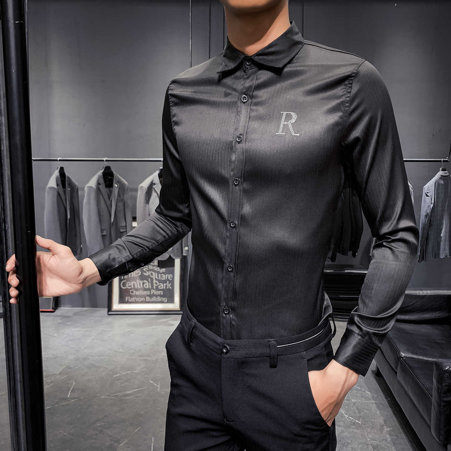 Men Shirt Wing Long Sleeve Casual Slim Fit Dress Shirts Black White Streetwear Camisa Social Masculina 210527