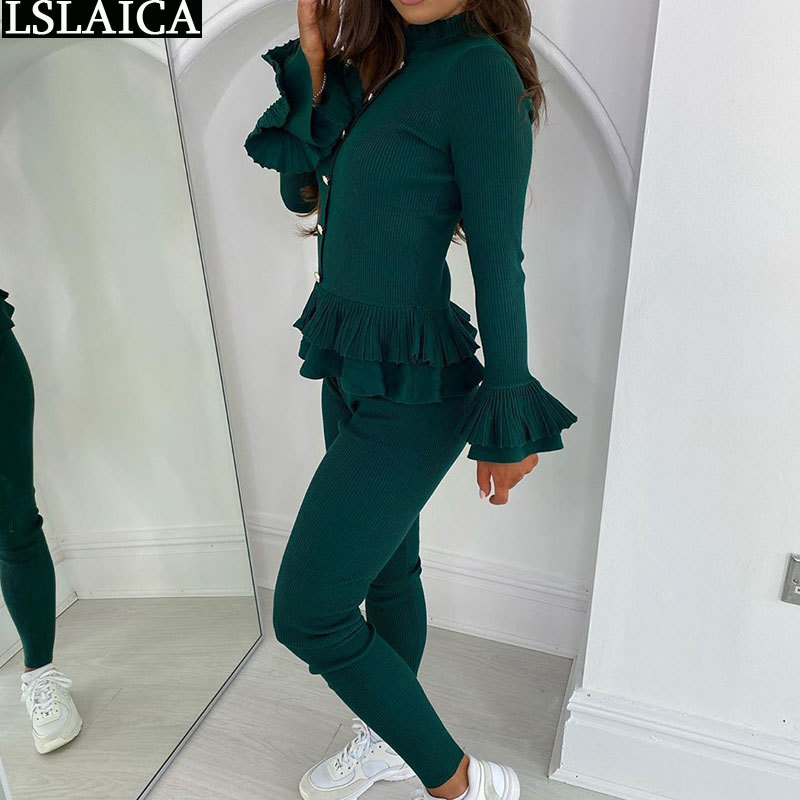 2 Piece Set Women Lounge Wear Casual Ruffles Long Sleeve Turtleneck Tops Pencil Pants Sets Autumn Slim Solid Fashion Outfits 210520