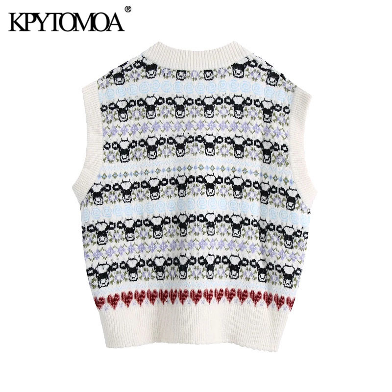 Women Fashion Floral Jacquard Loose Knitted Vest Sweater V Neck Sleeveless Female Waistcoat Chic Tops 210420